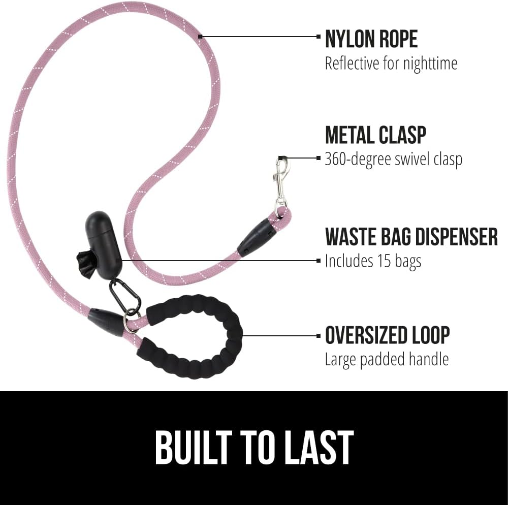 Pink braided nylon dog rope leash showing close up of reflective threads