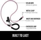 Pink braided nylon dog rope leash showing close up of reflective threads