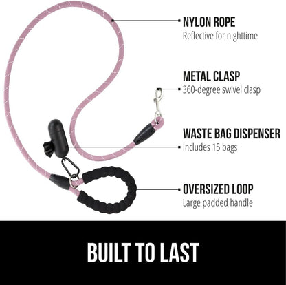 Pink braided nylon dog rope leash showing close up of reflective threads