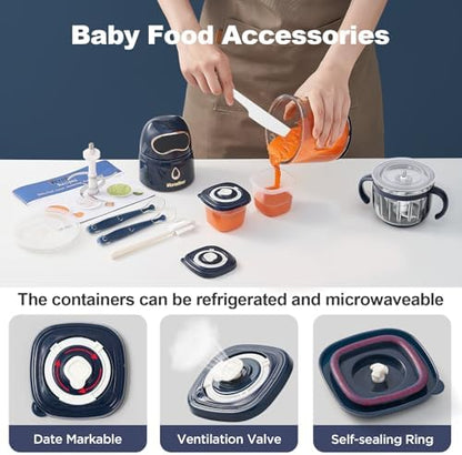 Veroline 10-in-1 baby food processor accessory kit including storage containers, silicone spoons, and spatula.
