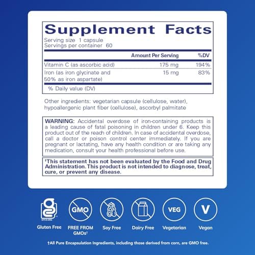 Pure Encapsulations Iron-C dietary supplement showing clear product packaging labels.