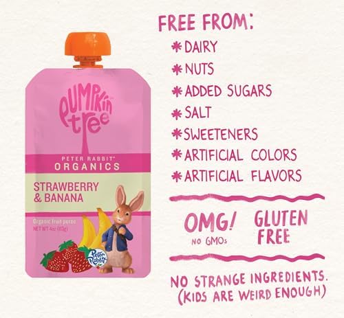 Toddler enjoying a Pumpkin Tree Peter Rabbit Organics strawberry banana fruit pouch