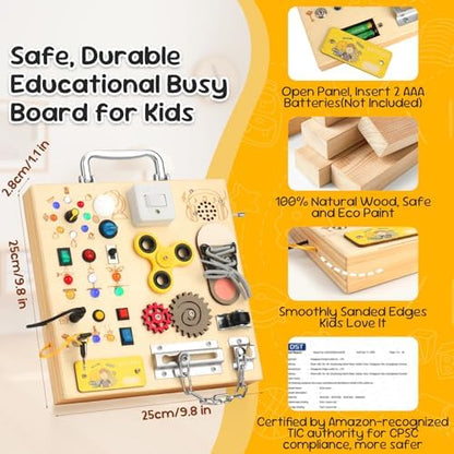 Close up view of the premium silver handle and natural hardwood finish of the toddler educational toy.