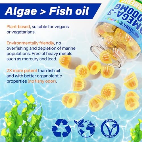 Nextdia plant based algae oil supplement bottle detailing sugar free and gelatin free benefits