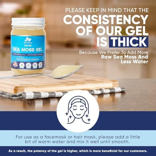 Premium Bio Vitalica sea moss superfood gel packaging indicating immune and thyroid support features.
