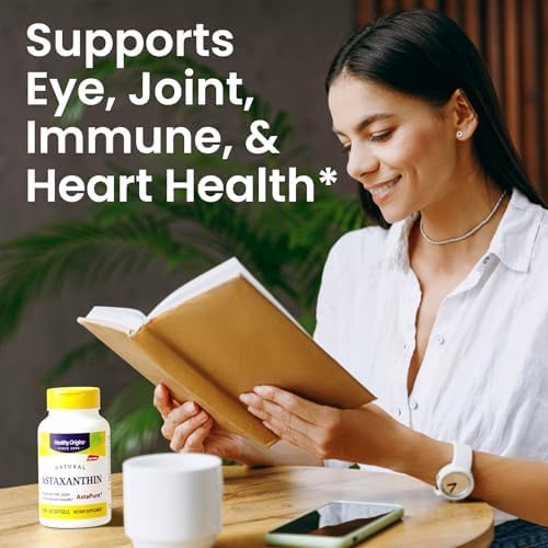 Healthy Origins Astaxanthin 150 softgels nutrition facts and supplement panel closeup showcasing natural microalgae ingredients
