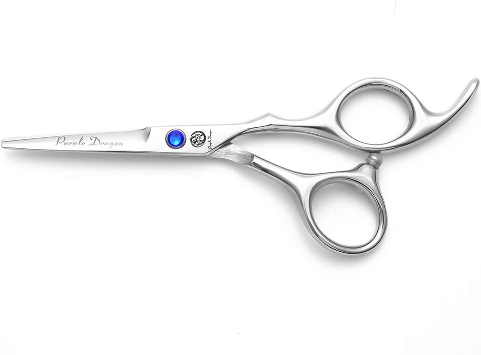 Purple Dragon ten inch straight pet grooming scissors laid flat on a clean background