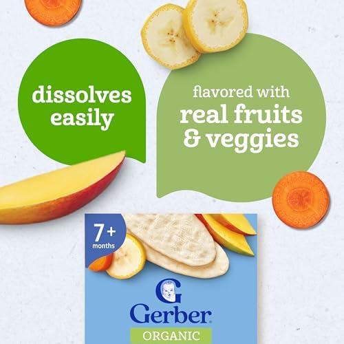 Gerber premium non GMO imported baby teething snacks product dimensions and certification seals