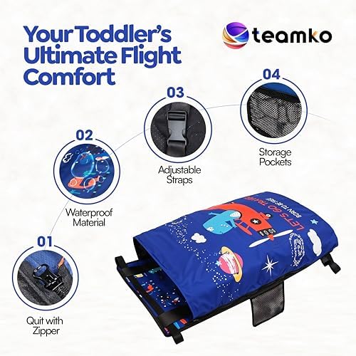 Teamko portable airplane seat extender for kids with attached side pockets containing travel accessories.