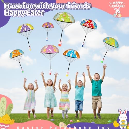 Close up of cute bunny and chick character figures attached to parachutes