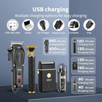 HIENA PRO grooming kit accessories including eight guide combs and USB-C charging cables neatly arranged.