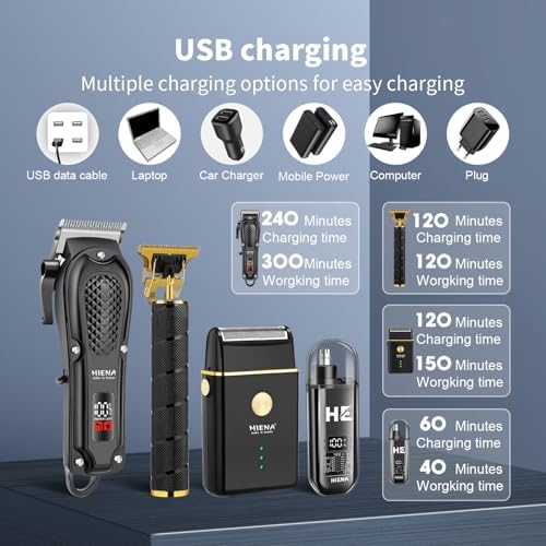 HIENA PRO grooming kit accessories including eight guide combs and USB-C charging cables neatly arranged.