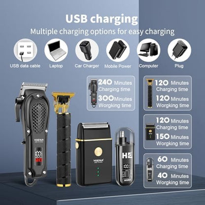 HIENA PRO grooming kit accessories including eight guide combs and USB-C charging cables neatly arranged.