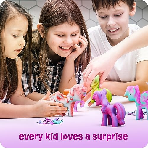 Children interacting with the colorful hatched unicorn toys after expansion