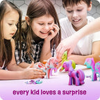 Children interacting with the colorful hatched unicorn toys after expansion