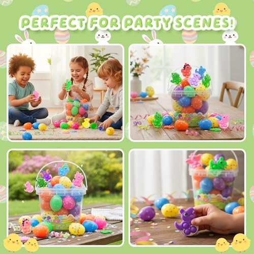 Assortment of thirty-six brightly colored reusable easter eggs laid out neatly