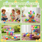 Assortment of thirty-six brightly colored reusable easter eggs laid out neatly