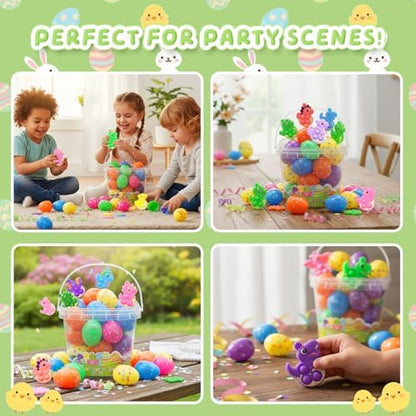 Assortment of thirty-six brightly colored reusable easter eggs laid out neatly