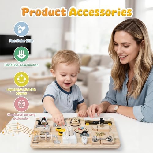 Toddler exploring the wooden gears and clock mechanisms on the busy board