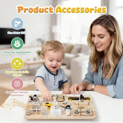 Toddler exploring the wooden gears and clock mechanisms on the busy board