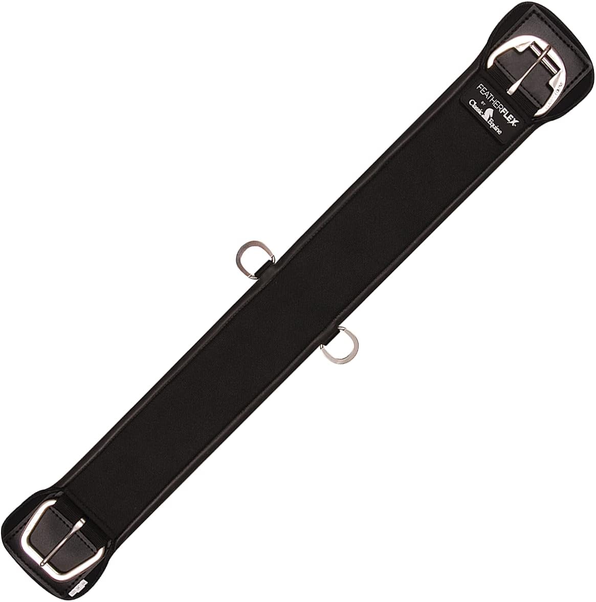 Classic Equine Feather Flex Straight Cinch front view showing black virgin neoprene interior and stainless steel hardware