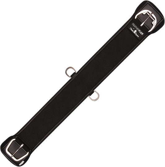 Classic Equine Feather Flex Straight Cinch front view showing black virgin neoprene interior and stainless steel hardware