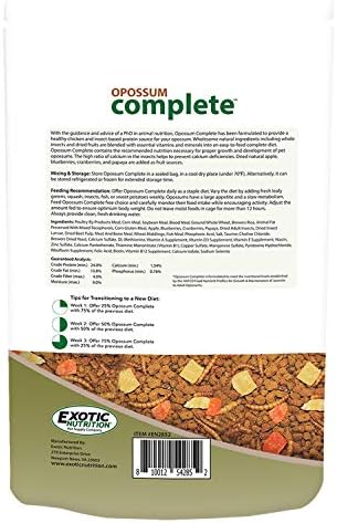Exotic Nutrition Opossum Complete showing the authentic ingredient list and animal nutritionist formulation badge.