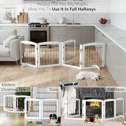 PAWLAND 3 panel puppy safety gate close up of white wooden frame and steel wire