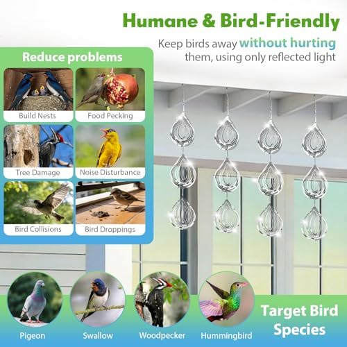 Stainless steel bird deterrents hanging on an outdoor balcony