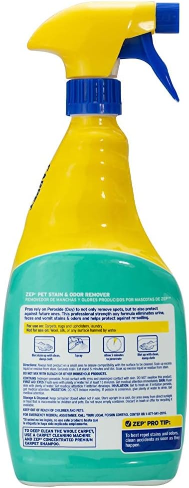 Zep pet carpet cleaner spray bottle showing instructions and surface compatibility