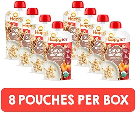 Back view of Happy Tot Organics pouch displaying nutritional facts and ingredients list.