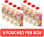 Back view of Happy Tot Organics pouch displaying nutritional facts and ingredients list.