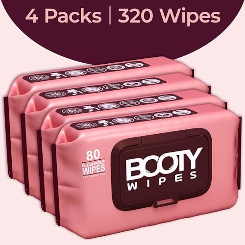 Four packs of pink BOOTY WIPES for women with flip top lids