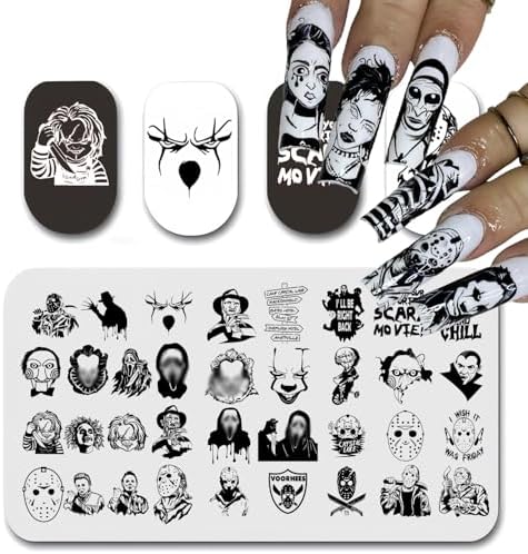 Stainless steel holiday manicure template showing etched horror movie character designs for nail decoration