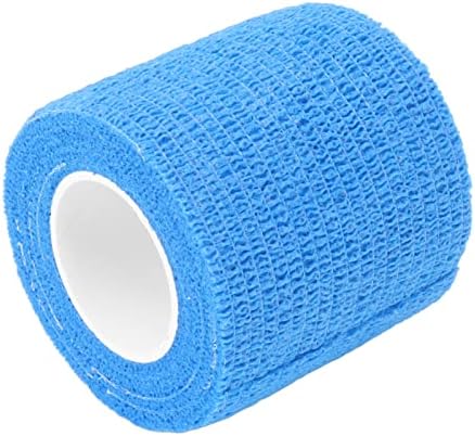 Hand tearing action of the blue self adherent veterinary compression wrap.