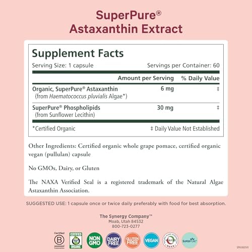 Pure Synergy SuperPure Astaxanthin supplement bottle back label details