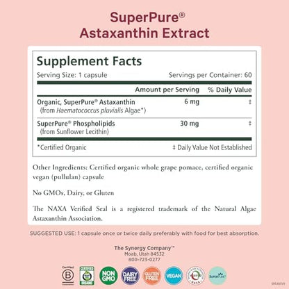 Nutritional facts and organic certification labels on the astaxanthin supplement bottle