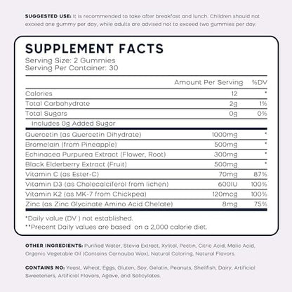 Close up of plant based quercetin gummies with zinc elderberry and vitamin C ingredients list