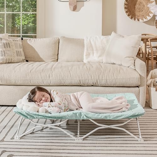 Regalo foldable toddler travel bed showcasing its compact folded form for easy storage during family camping trips and preschool naptimes.