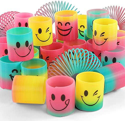 Packaging view of the Fun-Here forty-eight count rainbow fidget coil springs showing product dimensions.
