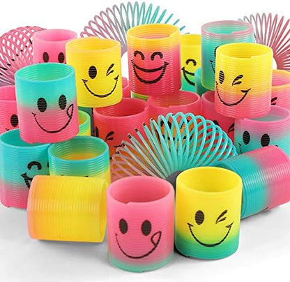 Packaging view of the Fun-Here forty-eight count rainbow fidget coil springs showing product dimensions.