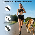 Reflective stitches on blue and black running leash for two dogs visible at night