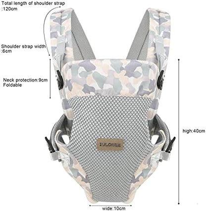 Parent using portable lightweight carrier with newborn in front inward position