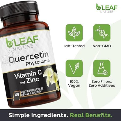 Non-GMO vegetarian quercetin phytosome capsules pouring out of the brand bottle.