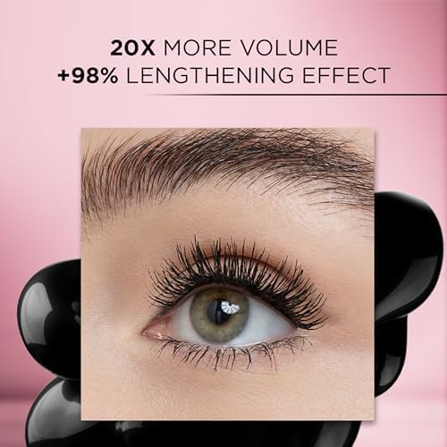 Fanned-out lash flutter effect from volumizing mascara black formula