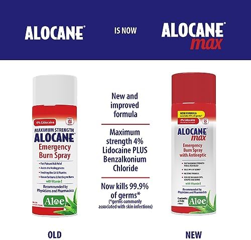 Alocane Max 4% Lidocaine spray bottle showing antiseptic protection features.