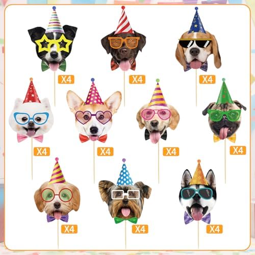 Assorted puppy themed cupcake toppers with party hats and glasses