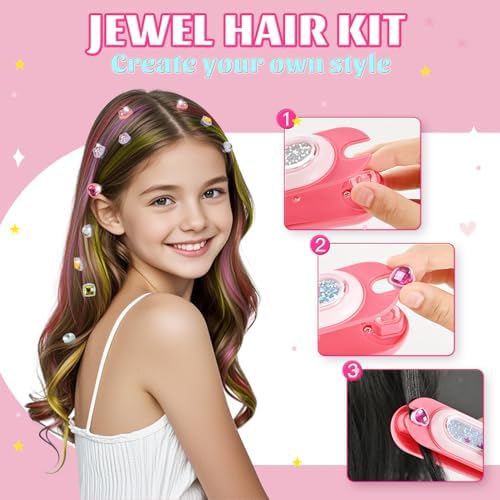 Colorful hair chalk and diamond accessories for girl hairstyles