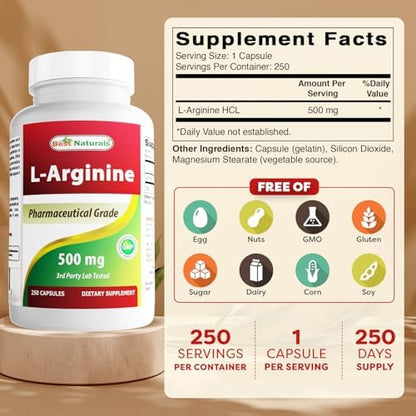 Best Naturals L-Arginine 500mg supplement label details