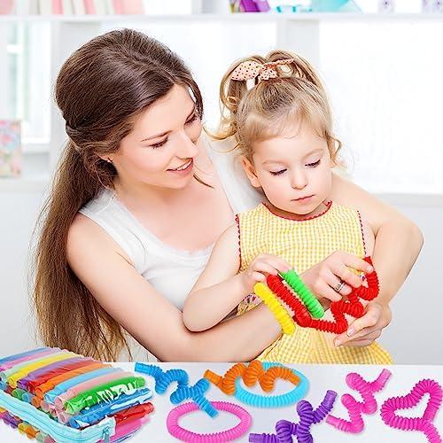 Durable and safe BPA free plastic fidget tubes showing compressed and fully extended length comparisons